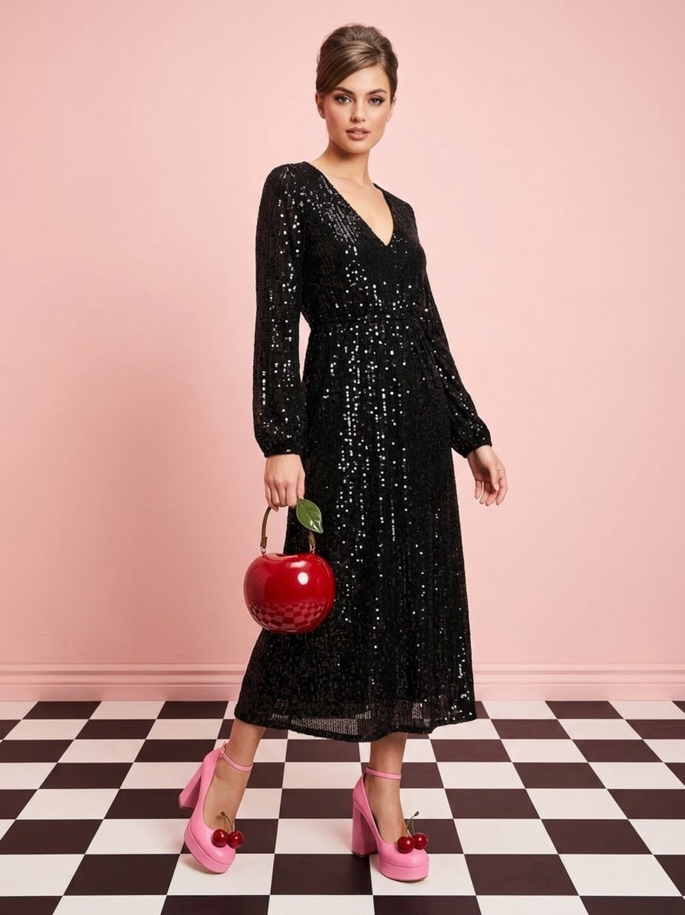 Betsey Johnson Black Sequin V-Neck Long Sleeve Midi Dress